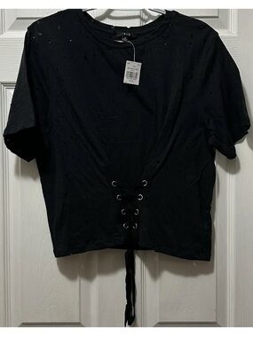 Distressed T-shirt Womens Size 1X Black Corset Lace-up Crewneck Grunge Goth NEW
